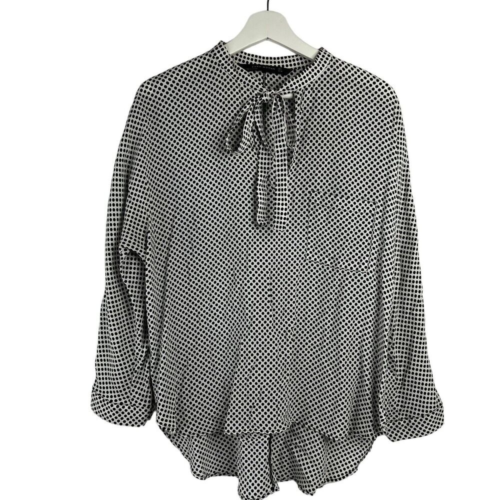 Zara Woman Size L Blouse Black Polka Dot Tie Neck Long Sleeve Flowy Long‎ Sleeve